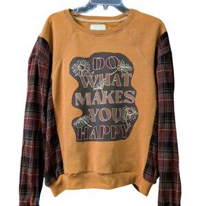 American Eagle Mustard “Do What Makes You Happy” Sweatshirt Small Plaid Sleeve